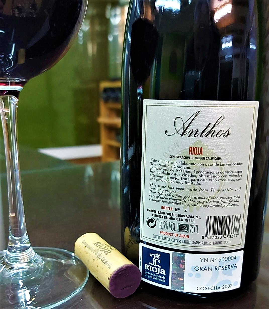 Contraetiqueta de Anthos 2006, Bodegas Alvia, Rioja